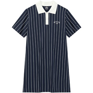 特步连衣裙女裙2025夏季新款短袖polo领翻领针织条纹显瘦运动裙子