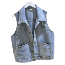 Korean version of light blue denim waistcoat 2024 spring autumn new loose 100 hitch sleeveless jacket short Kan Shoulder blouse