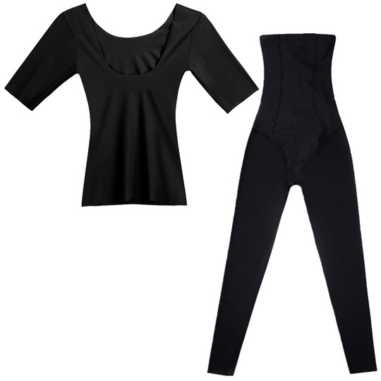 Short-sleeved top, high-waisted trousers, body-shaping separates suit
