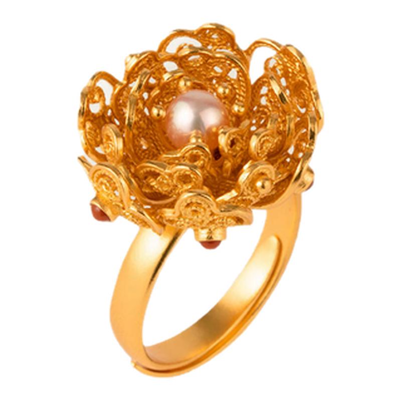 Intangible cultural heritage filigree flower ring for women
