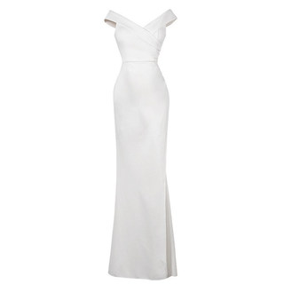 藏青色一字领抹胸开叉长款晚礼服女法式聚会年会成人礼小众连衣裙