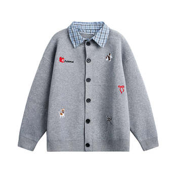 Tired american embroidered plaid patchwork cardigan sweater Tired american embroidered plaid patchwork cardigan sweater