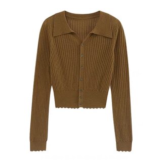 Solid color long sleeve lapel short knitted cardigan top for women