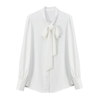 春秋装2025年新款缎面职业衬衫女长袖飘带白色衬衣气质上衣工作服