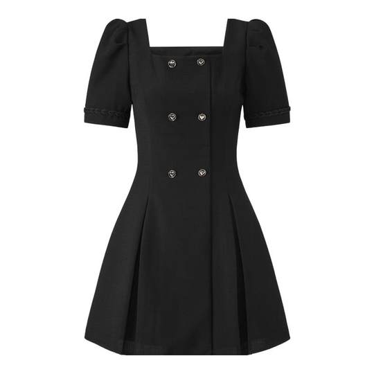 【清仓】#太平鸟 春季法式方领连衣裙女士高腰显瘦双排扣