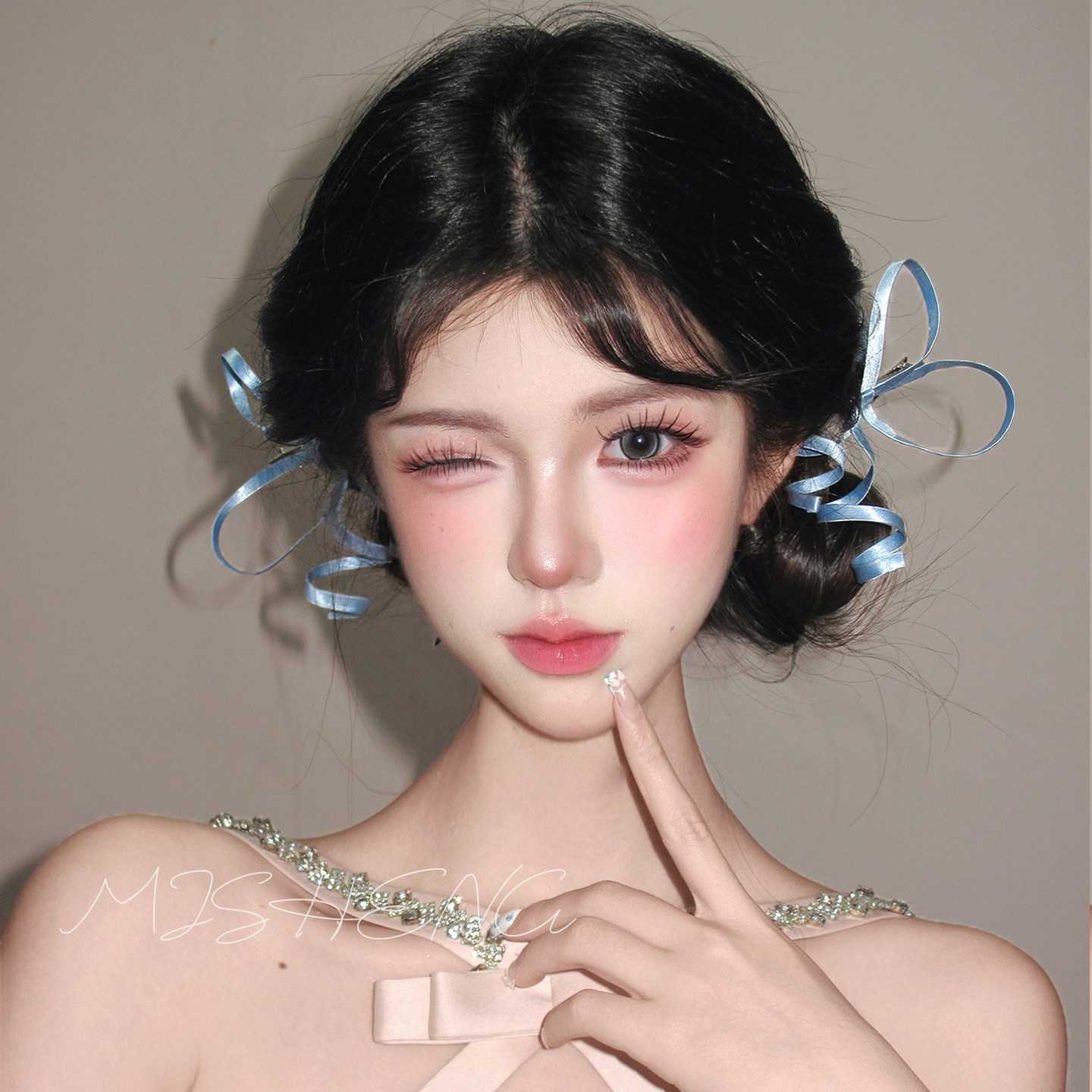 [Girl's Memories] Ethereal Blue Anti-Gravity Ribbon Bow Hair Clip, Ballet Style Side Hair Clip