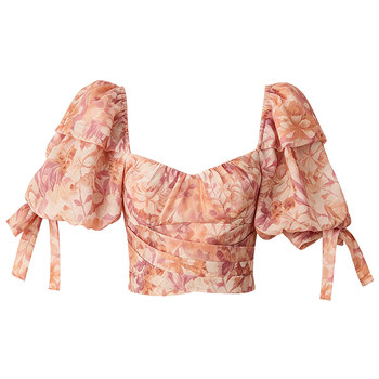 Dplay ສີບົວພິມເສື້ອຝຣັ່ງ 2026 summer new puff sleeve waist chic top for women
