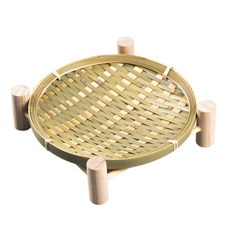 手工竹编制品小竹篮子圆形架子簸箕酒店餐厅零食水果点心盘馒头筐