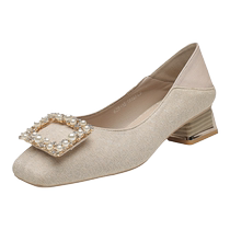 Hong Kong fashion brand thick heel single shoes for women 2024 spring and autumn new square toe all seasons shoes mid-heel French wedding shoes bridesmaid shoes