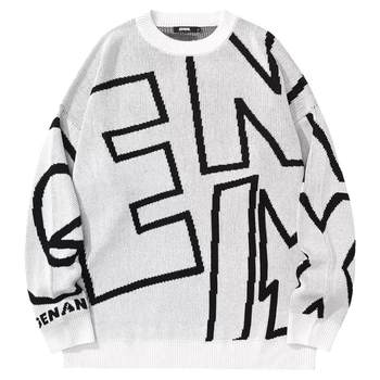 GENANX Lightning Trendy Brand Sweater Men's Winter Round Neck Loose Letter Jacquard Couple Style Knitted Bottoming Sweater