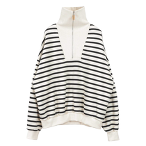 Half-zip pure cotton striped sweatshirt for women in spring spring and autumn new style fashionable age-reducing loose slimming polo collar top