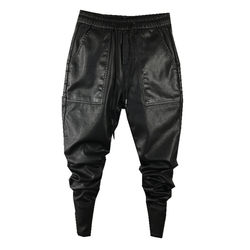 Winter motorcycle leather trousers plus velvet and thickened large size windproof men's imitation leather PU girdle loose small feet casual personality trousers