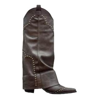 复古尖头铆钉裤管靴秋冬百搭西部牛仔靴粗跟侧拉链长筒靴女不过膝