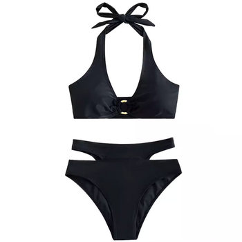 2024 New European and American Halterneck Split Sexy Three-Point Bikini Swimsuit Black Women's High Waist Slightly Fat MM ຂະ​ຫນາດ​ໃຫຍ່