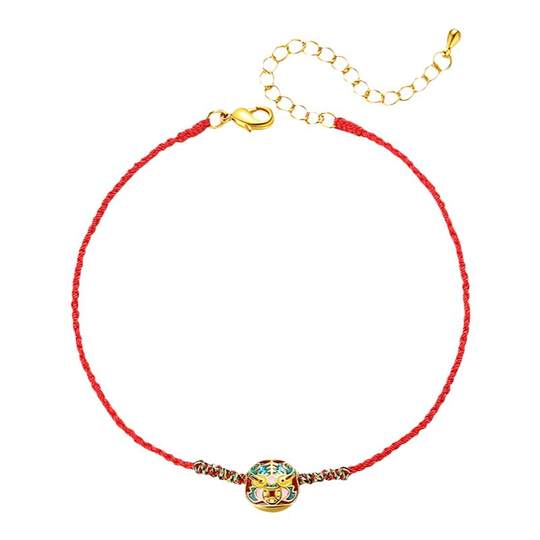 六不散人原创设计老虎头红绳脚链手工编织脚绳镀金夏季女高级足链
