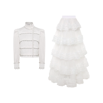 MaisonWester24 new autumn and winter new heavy industry nail drill stand-up collar puff sleeve shirt mesh cake long skirt