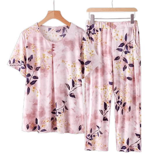 Middle -aged and elderly people summer mother women's pajamas old lady ice silk set grandma thin short sleeve cool feel home clothes
