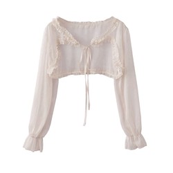 ລະດູໃບໄມ້ປົ່ງແລະລະດູຮ້ອນປີ 2022 ລະດູໃບໄມ້ປົ່ງແບບໃໝ່ retro fungus lace thin breathable short cardigan top tied long-sleeved jacket blouse