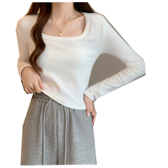 
Threaded long-sleeved T-shirt for women in autumn European 2024 new clavicle high-end short square collar top base shirt trendy