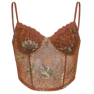 FABGIRLS European and American niche characteristic printed mesh chest camisole, hot girls wear brown corset