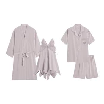 Lezimeng Couple Pajamas Summer Ice Silk Thin Feminine Suspender Nightgown Robe Home Clothes Short Sleeve Men's suit