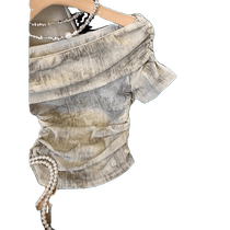 Maillard smudged one-shoulder short-sleeved T-shirt for women summer new style pleated waist design niche chic top