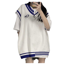 Japanese sweet color block V-neck letter embroidered sweater vest vest for female students Korean style versatile sweater top