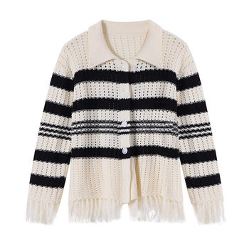 Jin Dazhi tassel sweater ສີດໍາແລະສີຂາວ striped sweater ຂອງແມ່ຍິງພາກຮຽນ spring ແລະດູໃບໄມ້ລົ່ນແບບ lazy ວ່າງ oversize cardigan ຖັກຂະຫນາດໃຫຍ່ຂະຫນາດໃຫຍ່