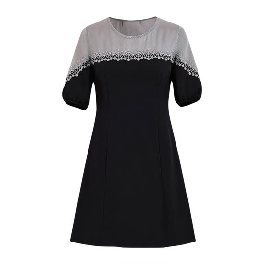 绮娑夏季新款大码女装气质假两件收腰A字裙显瘦蕾丝胖MM连衣裙