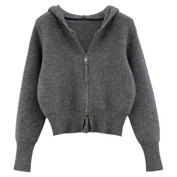 XCSTUDIOS Xiaochenjia thickened short double zipper hooded knitted cardigan women's slim sweater jacket