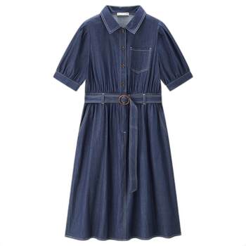 Giordano denim shirt dress ຂອງແມ່ຍິງໃຫມ່ຝ້າຍບໍລິສຸດກົງກັນຂ້າມ topstitch belted puff sleeve dress 18464204