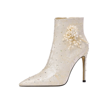 Lily Wei champagne color rhinestone womens boots wedding 2024 autumn and winter new high heels stiletto large size 41 to 43