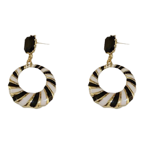 925 silver needle set with diamonds hollow geometric black and white striped earrings Korean retro triangle earrings personalized earrings