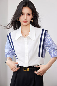 奥特莱斯清仓专柜品牌剪标夏季撞色条纹衬衫女五分袖气质衬衣上衣