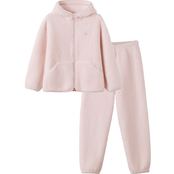 Red bean couple lamb velvet pajamas for men and women thickened hooded coral velvet can be worn outside anti-static home clothes set