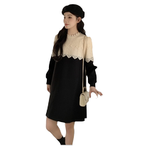 Maternity wear autumn 2024 new fashion casual lace splicing knitted dress long-sleeved Hepburn style sweatshirt dress