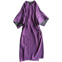 Yunshu Original Hualuoxiang Yunsha Loose Dress Round Neck Bat Sleeves Button Waist Purple Art Long Dress