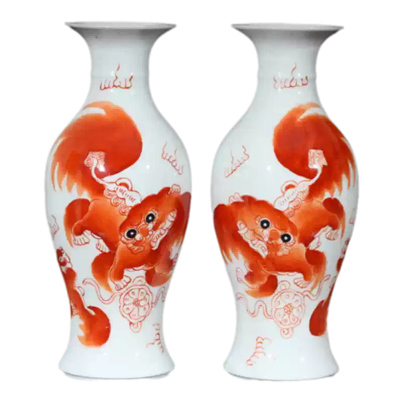 手绘红狮子花瓶景德镇复古怀旧瓷器瓶对称式红狮子居家装饰瓶-Taobao-Tmall