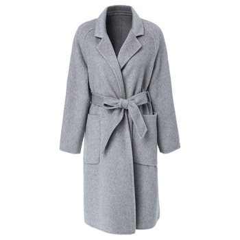 海青蓝高端毛呢外套女秋冬新款时尚百搭款洋气系带中长款呢子大衣