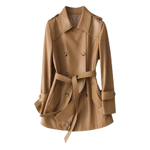 Double-breasted genuine leather jacket womens medium-length shirt lace-up waist slim-fitting sheepskin suit thin autumn wear