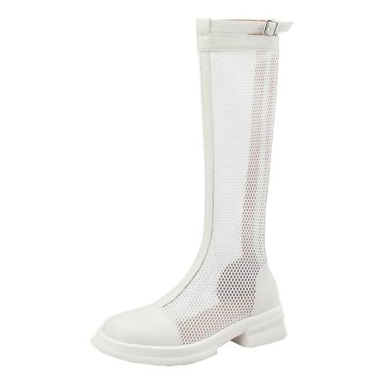 夏季薄款骑士靴女真皮网纱镂空高筒靴不过膝瘦腿长筒凉靴网面大码