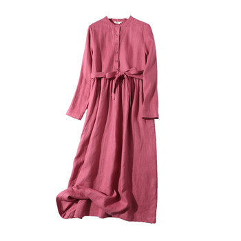 Linen dress ແມ່ຍິງ 202 ຕົ້ນພາກຮຽນ spring ການເດີນທາງໃຫມ່ວັນນະຄະດີ sleeved ຍາວວ່າງສິ້ນ linen ບໍລິສຸດ retro stand-up collar skirt ຍາວ