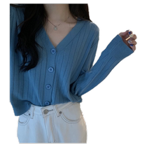 V-neck slim long-sleeved knitted cardigan coat for women early autumn thin Korean style loose versatile short top for small people