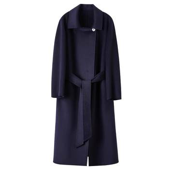 Zezi wool cashmere coat women's navy blue-end-end woolen two-sided woolen autumn and winter long navy blue coat woolen camel