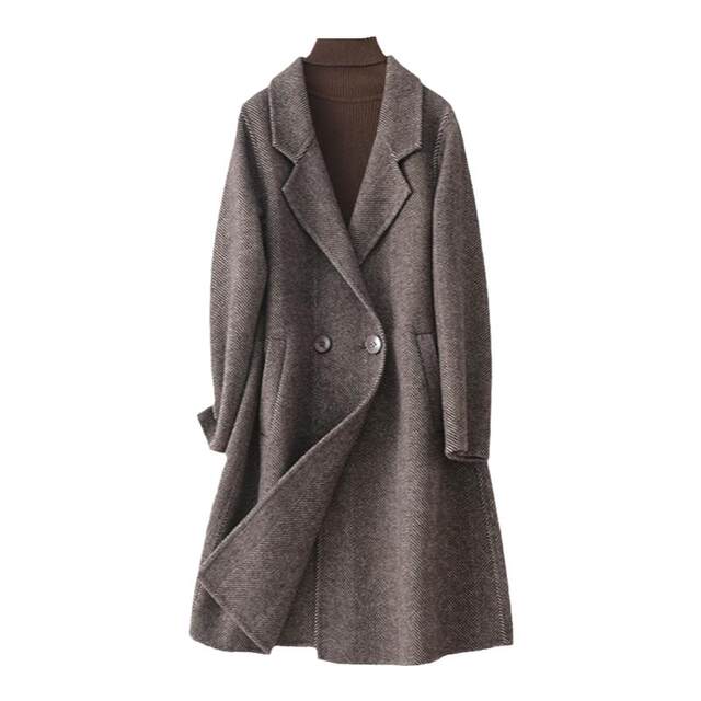 双面羊毛大衣女中长款西装领修身气质人字纹秋冬新款轻奢毛呢外套