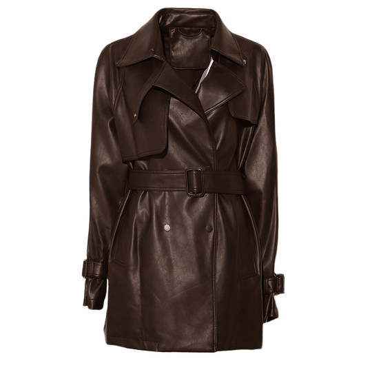 DPLAY2025年冬季新款棕色皮衣外套女流行复古短款收腰翻领上衣