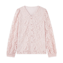 Qiushui Yiren sweet lace V-neck pink lace shirt 2024 autumn new style female elegant French beautiful shirt