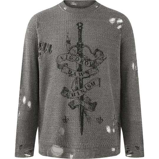 CHINISM赤尘 破洞做旧宽松落肩圆领毛衣男秋季慵懒风情侣针织衫