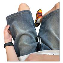 Starry sky pattern denim shorts mens summer thin American fashion brand loose wide-leg straight mid-pants boys five-point pants