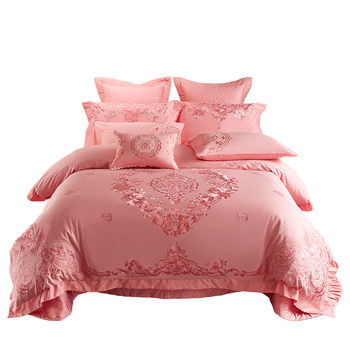 140 full cotton embroidered pink wedding four-six pieces set